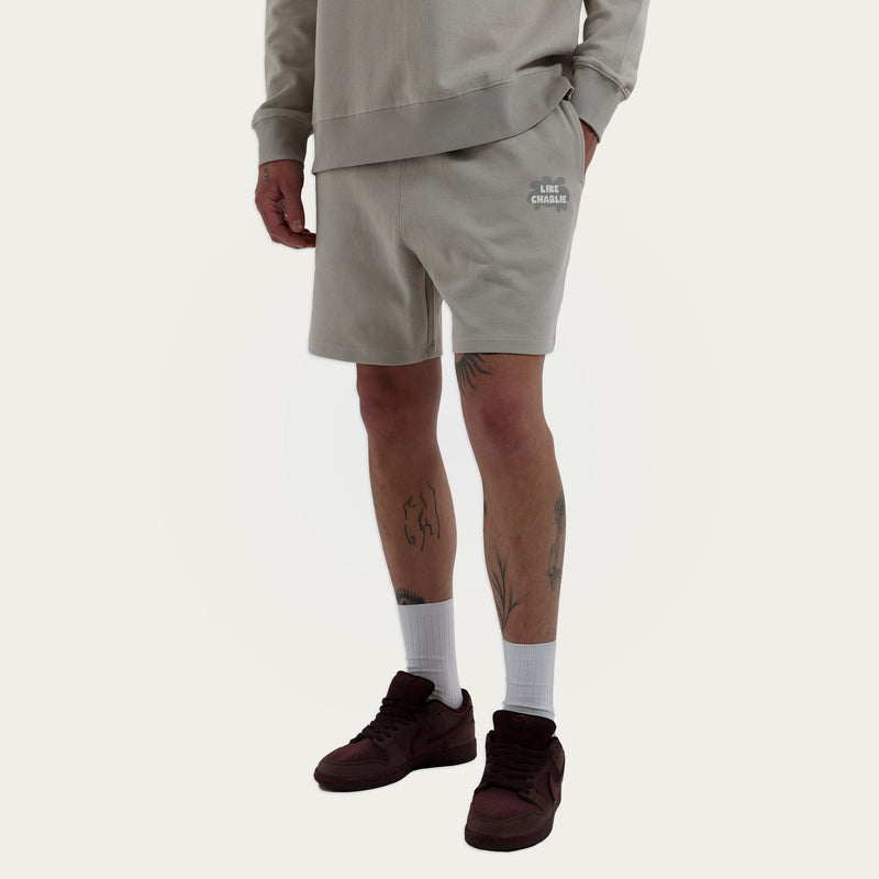 Model draagt de Branded Sweater en Branded Shorts in khaki